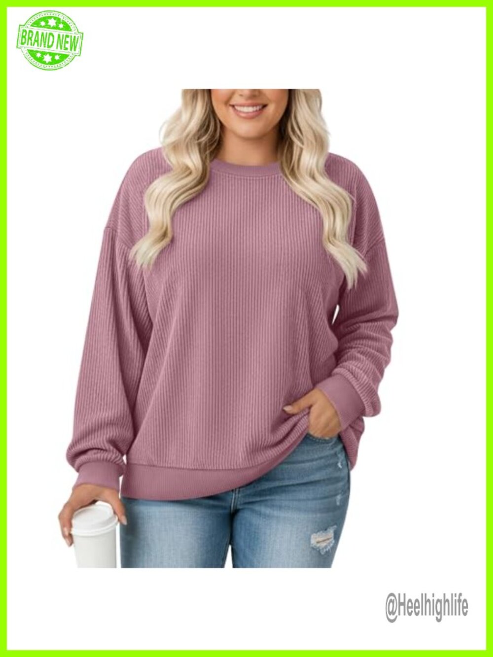 Plus Size Corduroy Crew Neck Sweatshirt Pullover Long Sleeve